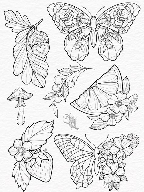 Fern Tattoo Drawing, Tattoo Leaves Design, Botanical Tattoo Flash Sheet, Cottagecore Tattoo Design, Ladybug Sleeve Tattoo, Bug Tattoo Flash Sheet, Insect Tattoo Stencil, Plants Tattoo Ideas, Opihi Tattoo