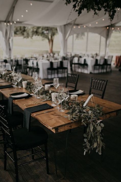 Cheap Classy Wedding Decor, Dark Fall Wedding Table Decor, Black Wedding Tables Ideas, Greenery And Lights Ceiling Wedding, Virginia Fall Wedding, Black White Green Fall Wedding, Neutral Moody Wedding, Black Attire Wedding Decor, Rustic And Black Wedding