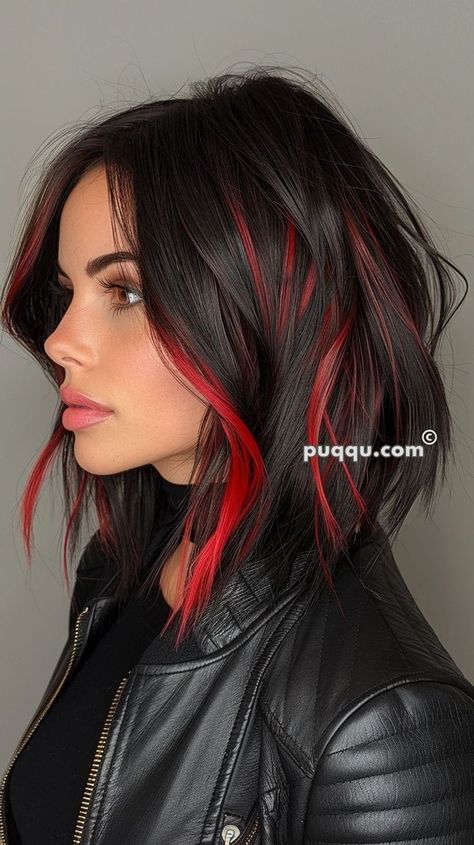 Black Hair Red Underneath Short, Red Bangs And Under Hair, Dark Edgy Hair, Purple And Red Hair Ombre, From Black To Red Hair, Red Highlights On Dark Brown Hair, Black And Auburn Hair, Colored Highlights In Black Hair, Bright Red Highlights In Brown Hair