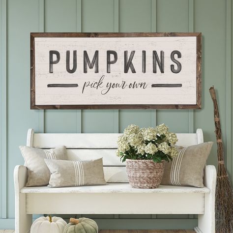 Pumpkins Pick Your Own Fall Farmhouse Sign * Choose your size * Professionally printed design on white hardboard with a solid wood frame * Waterproof and can be easily wiped down * Self leveling hardware attached on the back & ready to display! * Lightweight for easy hanging and rearranging. * Handmade in Lithia, Florida USA * We ship Worldwide © Mulberry Market Designs Inc. 2022 Farmhouse Autumn Decor, Signs For Fall, Modern Farmhouse Fall Decor, Halloween Chalkboard, Fav Products, Fall Wall Decor, Fall Farmhouse, Fall Sign, Rustic Wood Frame