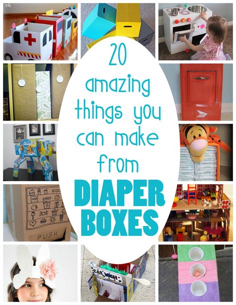 20 clever ways to reuse those sturdy boxes diapers come in (I love the vending machine and mailbox especially) Diaper Box Crafts, Girl Toy Storage, Girls Toy Box, Boy Toy Storage, Boys Toy Box, Toddler Girl Toys, Box Crafts, Diy Nursery, Elf Ideas