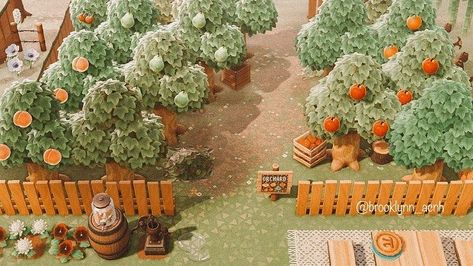 Acnh Fruit Tree Orchard Ideas, Acnh Paths Designs Orchard, Fruit Farm Animal Crossing, Acnh Orchard Entrance, Acnh Small Orchard Ideas, Fairycore Orchard Acnh, Acnh Mini Orchard, Animal Crossing Island Area Ideas, Acnh Orchard Layout