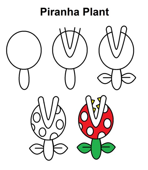 Step-by-step tutorial to draw a Piranha Plant from Super Mario. Easy To Draw Mario, How To Draw Mario Mushroom, Easy To Draw Mario Characters, Super Mario Bros Painting Ideas, Mario Doodles Easy, How To Draw Mario Bros, Mario Bros Drawing Easy, Super Mario How To Draw, Super Mario Drawing Ideas