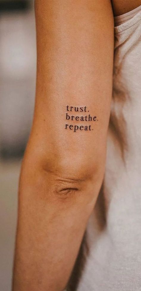 40 Meaningful Word Tattoos : Trust. Breathe. Repeat. Three Word Tattoos, Deep Meaning Tattoos For Women, 11 11 Tattoo Meaning, A Word Tattoo, Breathe Tattoos For Women, Tattoo Quotes For Women Meaningful, Wording Tattoos, Thought Tattoo, Tattoo With Deep Meaning