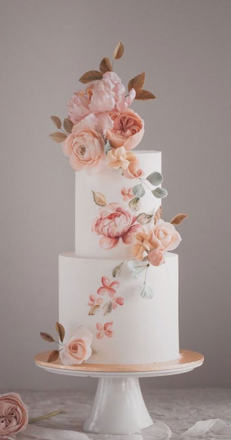 Hand Painted Cake Designs, Trending Wedding Cakes, Wedding Cake Sugar Flowers, Floral Theme Cake, Peony Wedding Cake, Wedding Cake Fondant, 2 Tier Wedding Cake, Hand Painted Cake, Hand Painted Wedding Cake