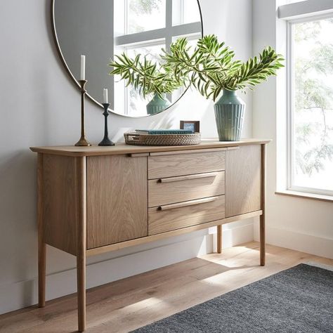 Tate Sand Midcentury Sideboard + Reviews | Crate and Barrel How To Decorate A Sideboard, Sideboard Decor Dining Room, Midcentury Sideboard, Sideboard Styles, Sideboard Decor, Buffet Decor, Dining Room Sideboard, Mid Century Sideboard, Taper Candle Holder