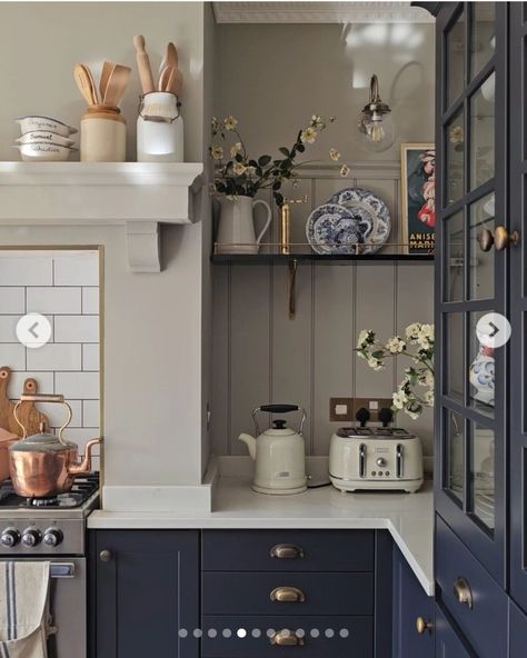 Plaster Coving, Kitchen 2024, Small Cottage Kitchen, Modern Vintage Home, French Country Kitchen, Copper Kitchen, Vintage Interiors, Blue Kitchens, Cottage Kitchen