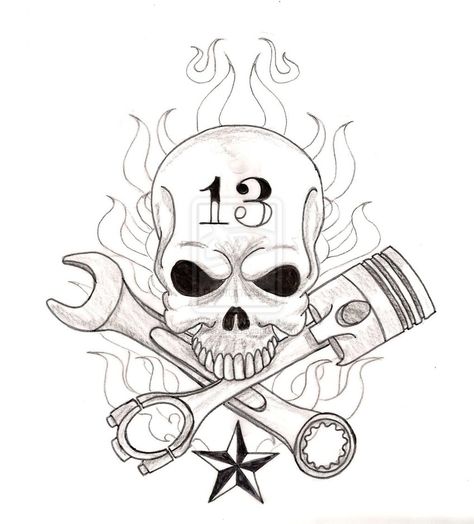 Skull And Wrenches Tattoo, Skull Piston Tattoo, Wrench Tattoo, Piston Tattoo, Mechanic Tattoo, Skull Stencil, Motorcycle Tattoos, Truck Tools, Biker Tattoos