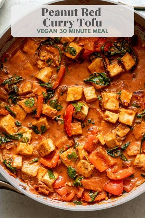 This Peanut Red Curry Tofu is a protein packed meal that comes together in 30 minutes. A flavorful and creamy sauce that is easy to customize. Tofu Red Curry, Red Curry Tofu, Curry Tofu, Peanut Curry, Healthy Vegan Dinner Recipes, Vegan Curry Recipes, Tofu Vegan, Healthy Vegan Dinner, Tempeh Recipes