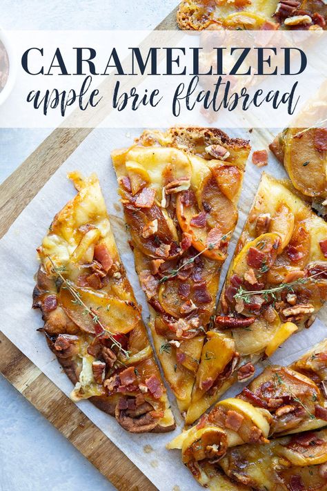 Brie Flatbread, Apple And Brie, Thanksgiving Menu Planning, Apple Brie, Naan Flatbread, Caramelized Apples, Caramelised Apples, Flatbread Recipes, Crunchy Pecans