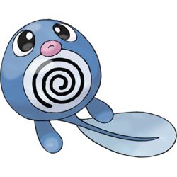 Poliwag, Tadpole Pokémon. Poliwag resembles a blue, spherical tadpole. It has large eyes and pink lips. There is a black and white swirl on its abdomen, which are actually its internal organs showing through its semitransparent skin. The swirl looks clearer after it eats, and the skin is very elastic so that it will not break if the Pokémon is bitten. The direction of the belly spiral differs by area, with the equator being thought to have an effect on this. Poliwag Pokemon, All 151 Pokemon, Pokémon Teams, Pokemon Fire Red, Pokemon Original, 150 Pokemon, Water Type Pokemon, Pokemon Tv, 151 Pokemon