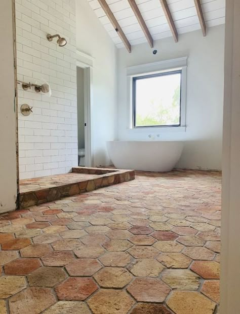 Terra Cotta Bathroom Floor, Terra Cotta Bathroom, Terra Cotta Floors, Ideal Aesthetic, Saltillo Tile, Terracotta Floor, Attic Bathroom, Primary Bathroom, Brick Flooring