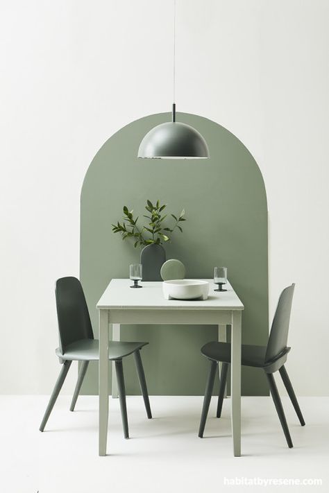 Oval Painted Wall, Section Room With Paint, Wall Paint Shape Ideas, Wall Painting Ideas Dining Room, Bold Wall Paint, Paint Wall Ideas, Painted Arch, Wall Dining Table, Half Painted Walls