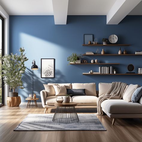 Salon bleu nuit : 19 idées tendances et intemporelles 💙 Living Room Blue Accent Wall, Blue Living Room Color Scheme, Blue Walls Living Room, Blue Painted Walls, Navy Blue Living Room, Living Room Wall Color, Blue Accent Walls, Dark Living Rooms, Room Wall Colors