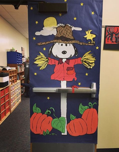 Fall Door School Decor, Snoopy Fall Classroom Door, Snoopy Halloween Door Decorations, Fall Themed Teacher Doors, Great Pumpkin Door Decorating, Classroom Decorations Halloween, Great Pumpkin Charlie Brown Door Decor, Snoopy Halloween Bulletin Board, Pumpkin Door Decoration