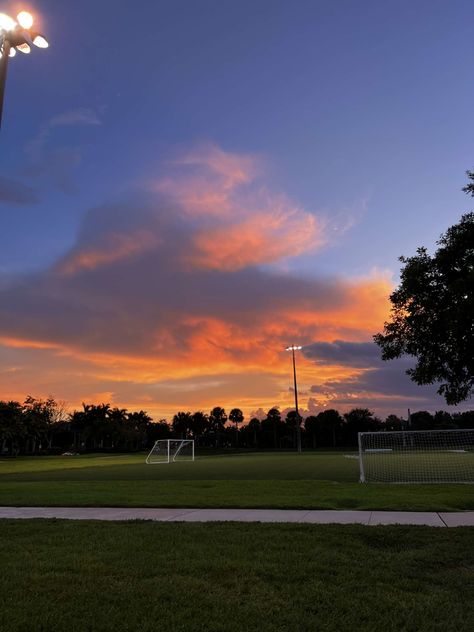 Soccer field sunset Soccer Sunset Aesthetic, Sunset Football Field Aesthetic, 2024 Vision Board Soccer, Soccer Field Painting, Soccer Asethic, Football Field Sunset, Football Field Aesthetic, Soccer Field Aesthetic, D1 Soccer