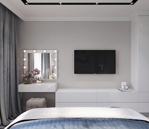 Tv At End Of Bed Ideas, Vanity And Tv In Bedroom, Tv Set Up Bedroom, Elegant Room Decor, Elegant Room, Home Decor Cozy, White Room Decor, Cozy Home Decor, Home Decor Idea