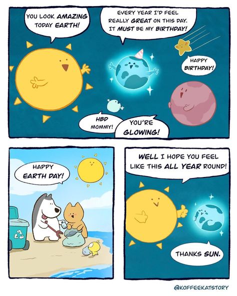 Koffee Kat on Instagram: “Happy Earth DaY!! Lets do something for out planet. Let it be earth day everyday 💚🌍 #comicstrip #comics #comicseries #comicstripart…” Earth Day Comic Strip, Cat Questions, Earth Day Everyday, Animal Comics, Planet Comics, Create A Comic, Geeky Humor, Snoopy Wallpaper, Happy Earth Day