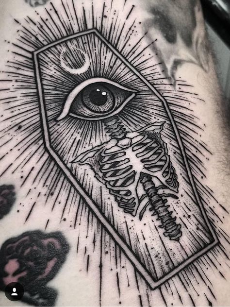 Skeleton Tattoo Ideas, Dark Tattoo Ideas, Coffin Tattoo, Tato Minimal, Skeleton Tattoo, Skeleton Tattoos, Creepy Tattoos, Seeing Eye, Dark Tattoo