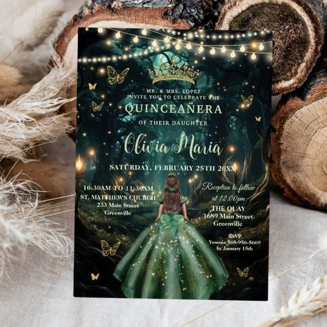 Enchanted Forest Emerald Green Dress Quinceañera Invitation Green Dress Princess, Enchanted Forest Quinceanera, Forest Emerald Green, Forest Invitation, Butterfly Invitations, Dress Quinceanera, Emerald Green Dress, 16th Birthday Invitations, Sage Green Dress