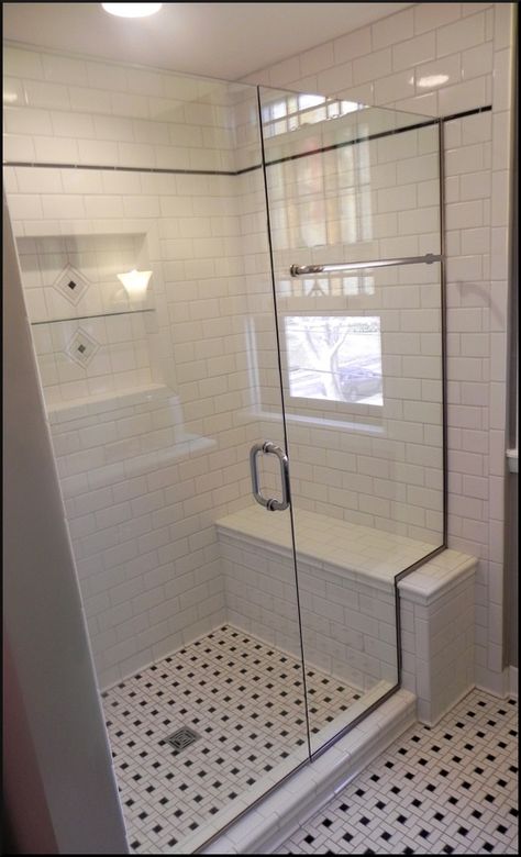 Small Bathroom Window, Bathroom Shower Stalls, White Tile Floor, Glass Shower Enclosures, Frameless Shower Doors, Bathroom Remodel Shower, Bathroom Windows, Trendy Bathroom, White Rooms