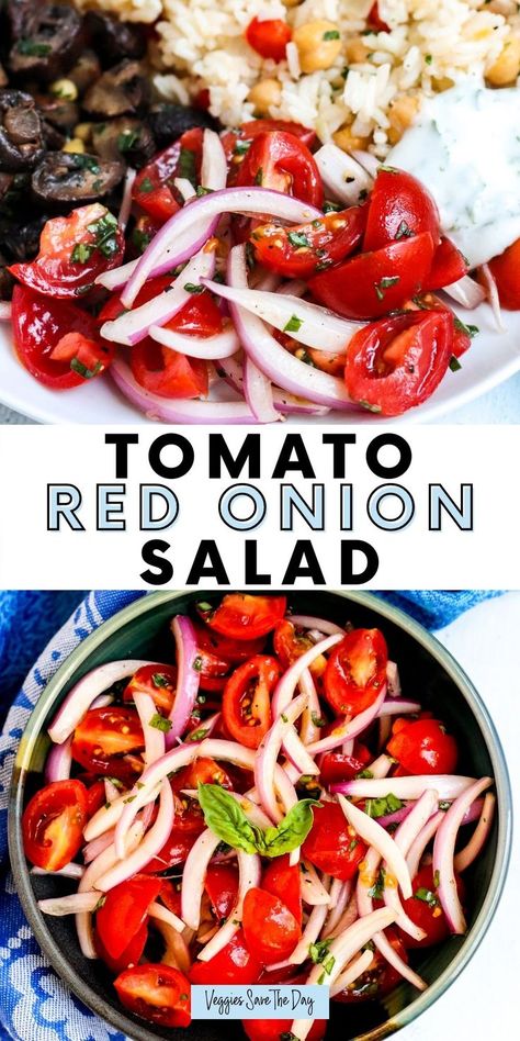 Tomato and red onion salad on a dinner plate and in a bowl Red Onion And Tomato Salad, Tomato And Onion Salad Recipes, Tomato Red Onion Salad, Tomato Ideas, Tomato Onion Salad, Mediterranean Tomato, Tomato And Onion Salad, Red Onion Recipes, Tomatoes Recipes