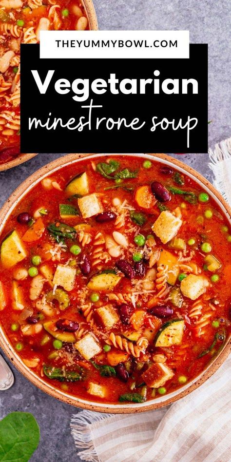 This Vegetarian Minestrone Soup is an incredibly hearty soup, loaded with a variety of fresh veggies, protein-rich beans, and red lentil pasta. This vegan minestrone recipe is wholesome, extremely flavorful, and appropriate for various dietary needs. Veggie Minestrone Soup, Gf Soup, Minestrone Recipe, Vegetarian Minestrone, Vegetarian Minestrone Soup, Red Lentil Pasta, Vegan Minestrone, Egyptian Recipes, Yummy Bowl