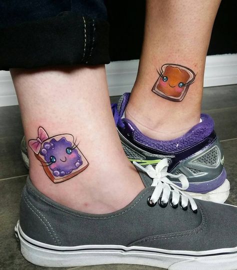 Peanut butter and jelly sandwich Peanut Butter And Jelly Tattoo, Jelly Tattoo, Bestie Tats, Bff Tats, Best Friend Tattoo, Bestie Tattoos, Mom Daughter Tattoos, J Tattoo, Matching Best Friend Tattoos