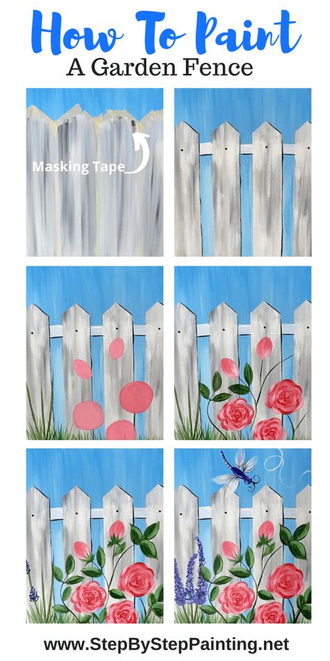 Garden Fence Painting On Canvas - Step By Step With Pictures and Video Garden Fence Paint, Fence Painting, Painting Instructions, Paint Party Ideas, Fence Garden, Paint Nite, Fence Paint, Canvas Painting Tutorials, Easy Canvas Painting