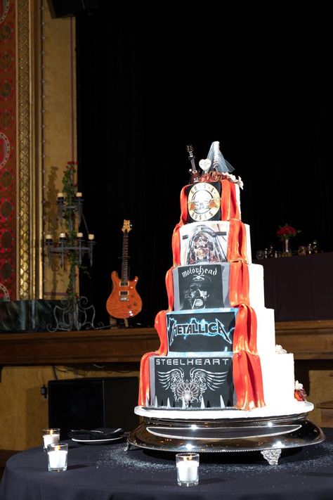 Eighties Heavy Metal Concert for Rock Royalty Wedding · Rock n Roll Bride Heavy Metal Wedding Cake, Rock And Roll Wedding Cake, Metal Themed Wedding, Rock Wedding Theme, Rock N Roll Cake, Metal Wedding Decor, Emo Wedding, Heavy Metal Wedding, Wedding Cake Rock