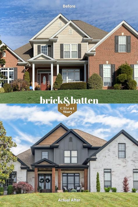 Whitewash Red Brick Exterior Before And After, White Washed Brick Home Exterior, White Wash Brick Exterior Split Level, Red Brick House Makeover, Brick House Exterior With Siding, White Washed Red Brick Exterior, Brick Vinyl Siding House, Painted Brick House With Siding, Red Brick To White Brick