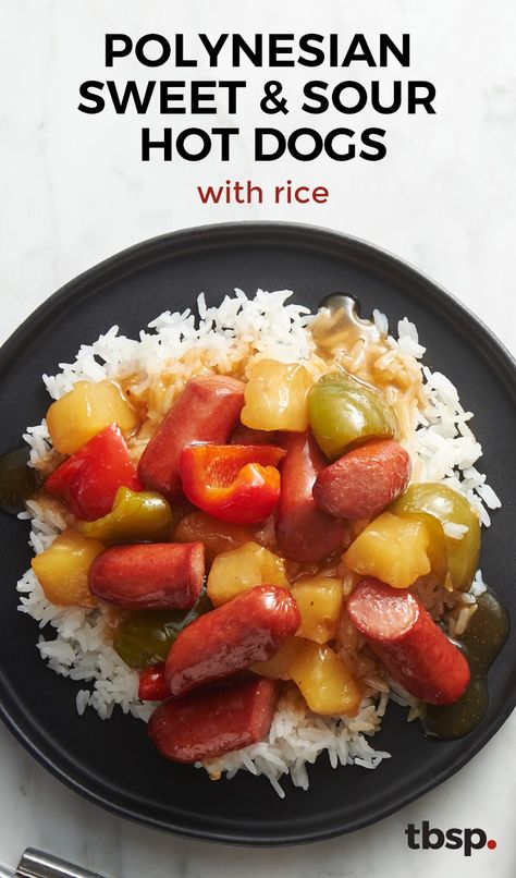 Hot dogs are the unsung heroes of dinnertime, and here’s another recipe that proves it! Toss pineapple pieces, bits of bell pepper and sliced hot dogs in a homemade sweet and sour sauce, then serve over rice for a dinner that’s fast, cheap and supremely satisfying. Sweet And Sour Hot Dogs, Hot Dog Rice, Recipes That Use Hot Dogs, Rice And Hot Dogs Recipe, Hot Dogs And Rice, Light Suppers, Sour Recipes, Food Menu Ideas, Cheap Easy Recipes