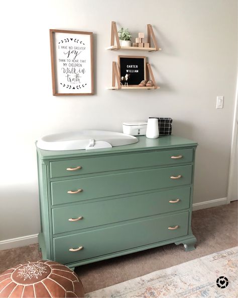 Neutral changing table, dresser, diy dresser, green dresser, Moroccan leather pouf, baby boy nursery, Green Changing Table Dressers, Green Furniture Nursery, Green Nursery Dresser, Green Dresser Nursery, Green Nursery Furniture, Green Changing Table, Nursery Dresser Diy, Changing Table Ideas, Dresser Green