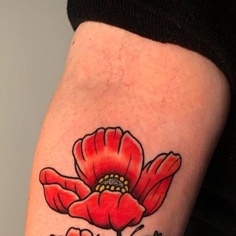 Jake Brown on Instagram: "Got to tattoo this one from my flash yesterday, always honoured when y’all pick out my designs 🙏thanks again Kim  @thecountrygenttattoo     #tattoo #tattooflash #traditionaltattoo #traditional #Yorkshire #uktattoo  #lockdownneedle #eternalink #countrygent  #poppy #poppytattoo #flowertattoo" American Traditional Poppy Tattoo, Traditional Poppy Tattoo, Jake Brown, Poppy Flower Tattoo, Americana Tattoo, Poppy Tattoo, Wildflower Tattoo, Poppies Tattoo, Artistic Inspiration