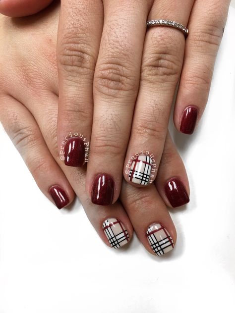 Burberry nails. Plaid nails. Maroon nails. #PreciousPhan Plaid Nails Winter, Plaid Accent Nails, Fall Nails With Plaid, Plaid Nail Design, Plaid Holiday Nails, Nails Plaid, Burberry Christmas Nails, Red Plaid Nail Designs, Fall Nails 2023 Plaid