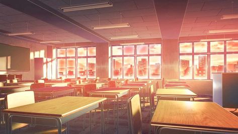 Backgrounds Gacha, Sunset Window, Chalkboard Classroom, Classroom Window, Orange Theme, School Chair, Background Animation, Light Chair, Classroom Desk