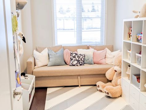 Home Office Transformed to Playroom Home Office Playroom Combo, Playroom With Daybed, Home Office And Playroom Combo, Playroom Office Combo, Home Office And Playroom, Office Playroom Combo, Office Playroom, Family Office, Playroom Ideas