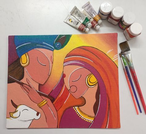 Radha Krishna Folk Art Painting, A4 Size Canvas Painting Ideas, Painting On A3 Sheet, Radha Krishna Painting On Canvas, Asthetic Paintings, Gods Drawing, God Drawings, Abstract Painting Easy, Radha Krishna Painting