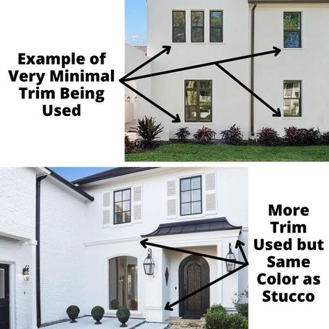 White Stucco Colors, Smooth Stucco Exterior House, Stucco Window Trim, Modern Exterior Window Trim, Stucco Exterior Colors, Stucco Houses, White Stucco Exterior, Wood Window Trim, Window Trim Ideas