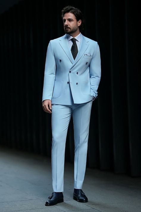 Stand out from the crowd with this stunning sky-blue double-breasted suit that’s all about making a statement. Its refined look and impeccable fit ensure you’ll always leave a lasting impression.

#skybluedoublebreastedsuit #modernmenswear #elegantattire #summerstyle #tailoredsuits #freshlook #weddingguest #menwithstyle #suitup #two-piecewonder Luxury Light Blue Suit, Men’s Light Blue Suit, Sky Blue Coat Pant Men, Luxury Light Blue Fitted Suit, Mens Suits Sky Blue, Elegant Light Blue Three-piece Suit For Formal Occasions, Sky Blue Suit, Bow Tie Suit, Modern Fit Suit