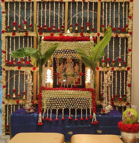 Satyanarayana vratam decor by @occasionsbysudhadatla is so simple and eye-catching The way she Incorporated traditional elements and… Pooja Decoration At Home, Gruhapravesam Decoration Ideas, Satyanarayana Pooja Decoration Ideas, Wedding Mandapam, Diwali Inspiration, Pookalam Design, Mandir Decoration, Hall Decorations, Home Flower Decor