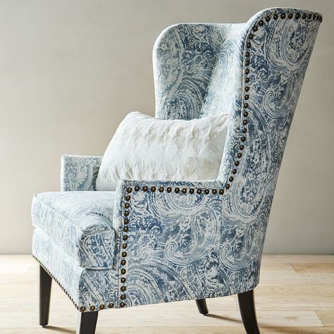 Asher Blue Paisley Chair | Pier 1 High Back Chairs Living Room, Gentlemen Room, Paisley Chair, Winged Chair, Reupholstered Chairs, High Back Accent Chairs, Upholstered Chairs Fabric, King Chair, Chairs For Living Room