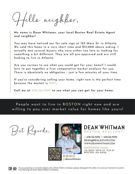 White luxury realtor letter that has a blurb to homeowner and agent contact info at the bottom. The letter has a QR-Code and social links beside the agents  profile photo. Captions For Real Estate Agents, Real Estate Letters To Potential Sellers, Prospecting Real Estate, Realtor Fashion, Real Estate Vision Board, Client Gift Box, Scarfs Ideas, Real Estate Farming, Marketing Postcard