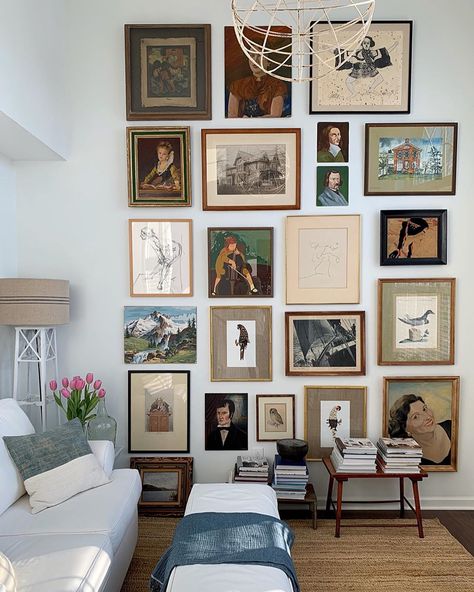 Gallery Wall Antique And Modern, Messy Gallery Wall, Loft Gallery Wall, Thrifted Wall Art, Art For Large Wall, Gallery Wall Eclectic, Vertical Gallery Wall, Eclectic Art Wall, Gallery Art Wall