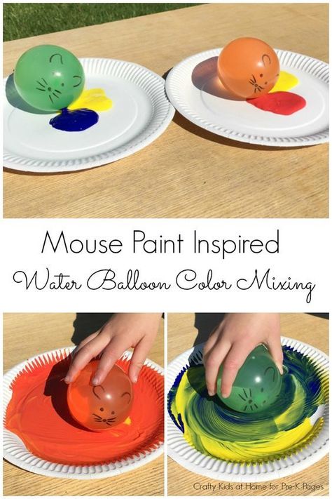 Mouse Paint: Water Balloon Painting. A fun, hands on color mixing activity to go along with the book Mouse Paint. Your Pre-K, Preschool, or Kindergarten kids will LOVE painting their mice!  - Pre-K Pages Water Balloon Painting, Mouse Paint Activities, Preschool Mouse, Paint Activities, Color Learning, Mouse Paint, Pre K Pages, Balloon Painting, Mouse Crafts