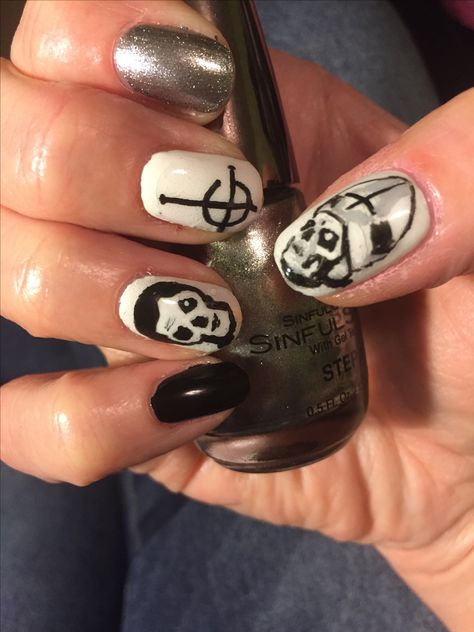 Ghost Band Nails Acrylic, Ghost The Band Nails, Ghost Band Inspired Nails, Ghost Band Nail Art, The Band Ghost Nails, Ghost Band Birthday, Ghost Bc Nails, Band Inspired Nails, Satanic Nail Art