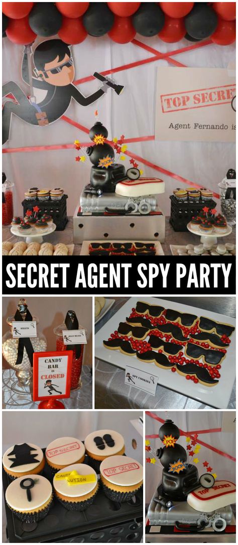 Spy Kids Birthday Party Ideas, Secret Agent Party Food, Spy Party Cake, Secret Agent Birthday Cake, Spy Birthday Party Decorations, Secret Agent Cake, Spy Cakes For Kids, Detective Party Food, Spy Birthday Cake