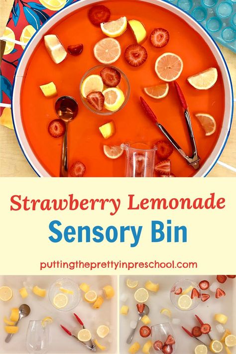 A refreshing, taste-safe strawberry lemonade sensory bin featured three different ways. A perfect sensory activity any time of the year. Strawberry Themed Activities, Strawberry Sensory Play, Strawberry Activities For Toddlers, Strawberry Sensory Bin, Strawberry Activities For Kids, Lemonade Sensory Bin, Lemonade Activities For Preschool, Picnic Sensory Bin, Fruit Sensory Bin