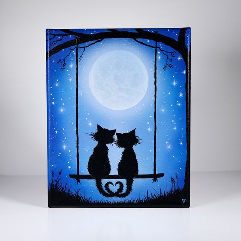 Cats With Heart, Full Moon And Stars, Magical Paintings, Glow Paint, Classroom Art, Star Wall Art, 8x10 Art Prints, Two Cats, Moon Painting