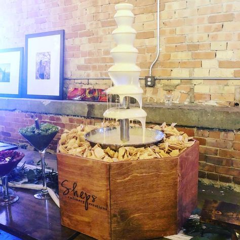 Queso Fountain, Cheese Fountain, Taco Bar Wedding, Salsa Bar, Bar Wedding Reception, Nacho Bar, Dip Bar, Reception Food, Taco Bar